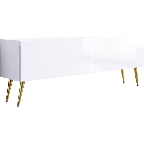 Meuble TV : Blanc Mat / Blanc Brillant, pieds dorées, 140 × 52 × 32 cm (1/5)