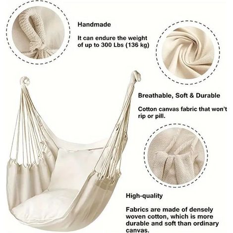 Fauteuil suspendu en toile de coton épaisse - Confortable - Adapté à l'extérieur - Plusieurs couleurs disponibles + 2 coussins