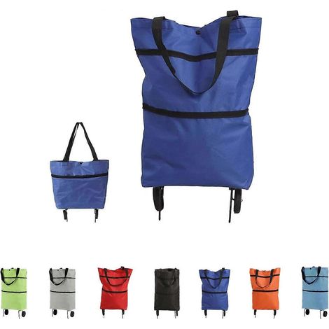 Chariot de courses pliable 2 en 1 à roulettes sac fourre-tout portable en tissu Oxford bleu pour marché lessive et voyages (1/5)