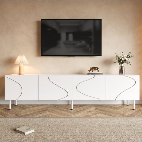 Meuble TV blanc 170 x 35 x 50 cm, 4 portes push-to-open, PB et MDF, pieds métalliques (1/5)