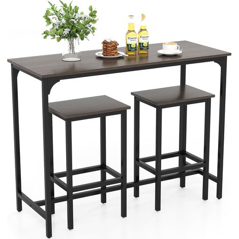 COSTWAY Table Bar avec Tabouret, Table de Cuisine 2 Personnes pour Petit Espace, Repose-Pied, Mange Debout avec Tabouret, Bar Cuisine Étroit 120 x 48 cm, Industriel (Gris chêne) (1/4)