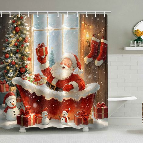 150 x 180 cm großer Duschvorhang mit Weihnachtsmotiv, Duschvorhang mit Weihnachtsmann-Motiv, Badezimmer-Dekorationsset, wasserdichtes Material, mit 12 Haken
