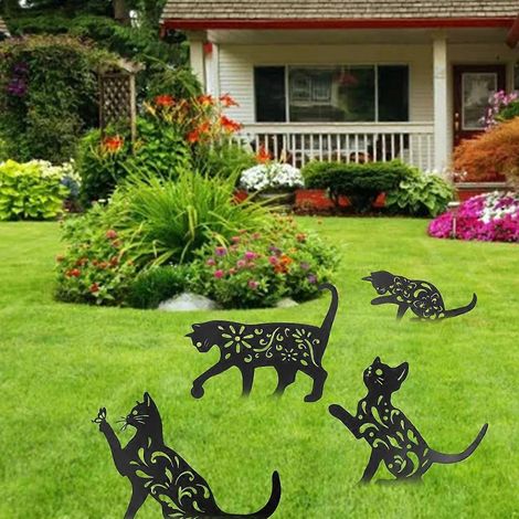 Décoration de jardin en métal représentant 4 silhouettes de chats, accessoire artisanal pour la maison (1/4)