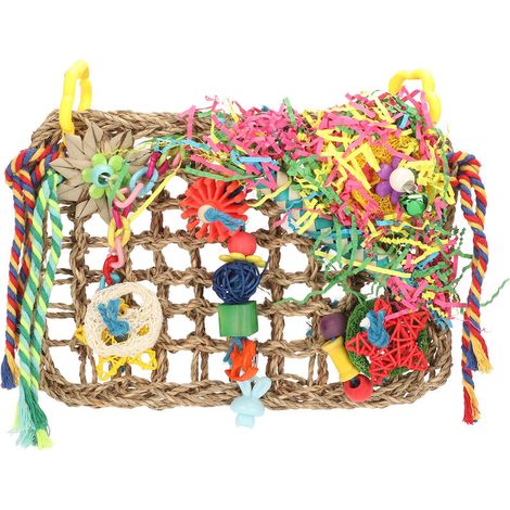 Jeffergarden Filet d'escalade pour perroquets, hamac d'escalade tissé en jonc de mer coloré résistant aux morsures, jouets de recherche de nourriture pour oiseaux avec crochets-DOU