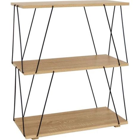 Étagère décorative - JUANIO - 3 niveaux - Structure métal noire - Plateaux effet bois - Compact 60x30x71 cm (1/4)
