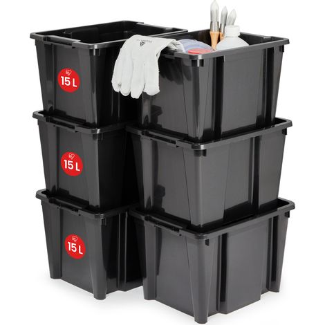 Iris Ohyama, Kunststoff-Aufbewahrungsbox, 45 l Garagen-Aufbewahrungsbox, 6er-Set, HB-15, Schwarz, stapelbar, ohne Deckel – L35 x T26,5 x H22 cm (1/5)