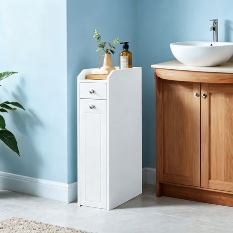 White Slim Freestanding Bathroom Storage Unit, Small Space Bathroom Organiser, Toilet Paper Storage Cabinet for Compact Home Spaces (1/5)