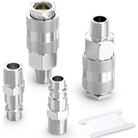 4 Pièces 1/4 Inch Air Line Connectors, 1/4" BSP Male Thread Euro Airline Compressor Fittings, Quick Connect Air Coupler Air Hose Fittings,Air Coupler & Air Plug Kit