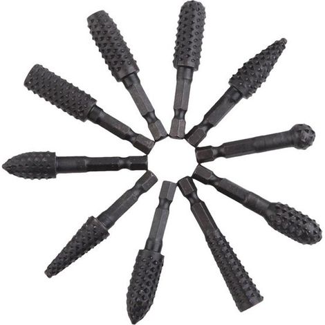 Juego de 10 limas rotativas, aptas para limas rotativas con mango hexagonal para tallado de madera, pulido de metales y grabado, color negro (1/5)