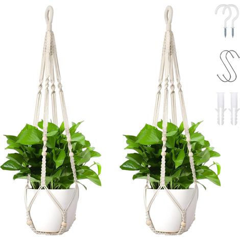 Support Plante Suspendu (Lot de 2), 90 cm avec Crochets. Tressé en Coton, pour Pots ≤23 cm. Décoration Bohème pour Salon, Balcon ou Fenêtre. (Pots et Plantes Non Inclus) (1/4)
