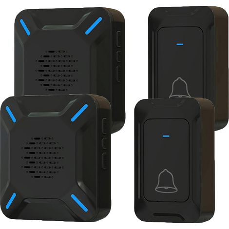 Sonnette de porte sans fil pour extérieur, IP68, grand haut-parleur puissant, indicateur LED, portée 1000 m, 5 niveaux de volume réglables, 58 sonneries (2 émetteurs à bouton et 2 récepteurs) (1/5)