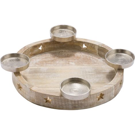 Holz Advents Kerzenhalter white washed - 35 cm - Kerzenständer mit Aluminium Haltern - Weihnachten Winter Tisch Dekoration Adventskranz Adventsleuchter