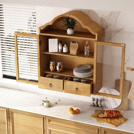 Armadio Pensile Retrò con Ripiani Regolabili e Cassetti, per Cucina o Bagno, Legno Massello e Vetro, Naturale (1/5)