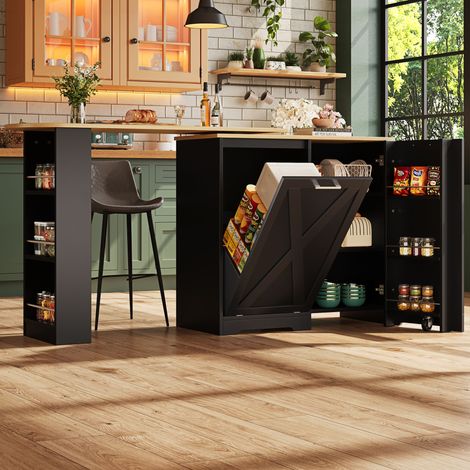 Tavolo da bar girevole, piano in legno, molteplici vani portaoggetti, credenza con ripiani laterali, ante a ribalta, design moderno, nero (1/5)