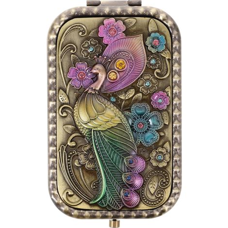Miroir de Poche Compact Pliant Vintage Métal Motif Paon Double Face - Idéal Maquillage & Voyage Cadeau Femme
