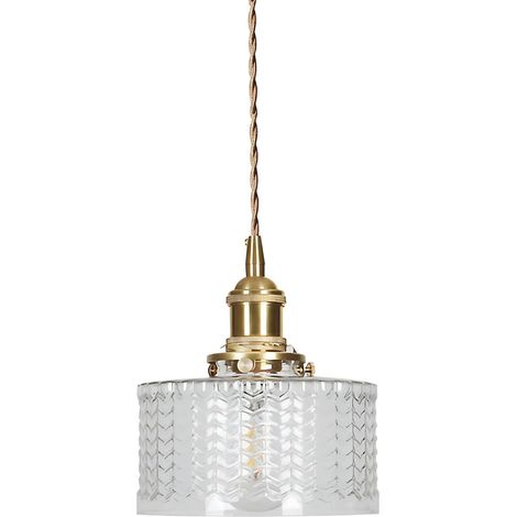 Lampe suspendue en laiton avec abat-jour en verre à rayures verticales, interrupteur rotatif et cordon tressé doré - Luminaire plafonnier suspendu (Nervures transparentes) (1/5)