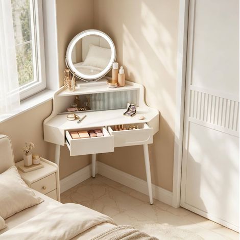 MEUBLIV Coiffeuse d'angle 99 x 139 x 63 cm blanche – miroir rond lumineux (1/4)