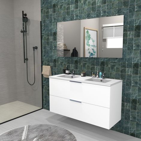 Le Quai Des Affaires – Meuble sous-vasque 2 tiroirs 120 cm – Vasque en résine blanc brillant – Miroir grand format L120 cm – Coulisses amorties