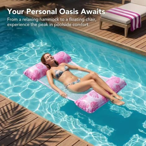 Hamac gonflable aquatique 4 en 1, idéal pour les piscines adultes, la plage et comme matelas gonflable. Pompe à air incluse. Rose. (1/5)
