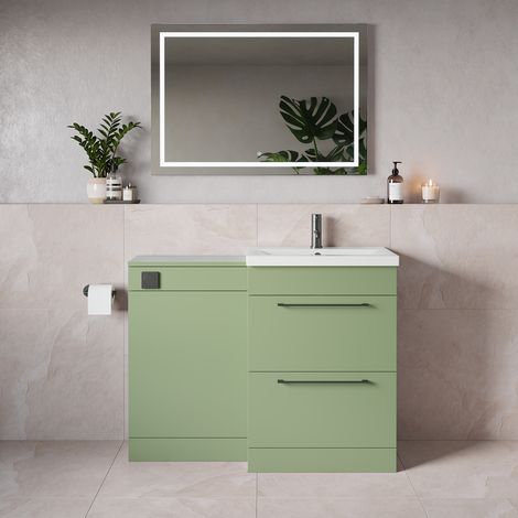 Napoli 390 Olive Green 1100mm 2 Drawer Vanity Unit Toilet Suite with Glide Basin - 1100mm - Gunmetal Grey 320mm HandleWithout Kingston Toilet Pan