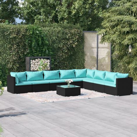 Salon de jardin 9 pcs Ensemble Table et Chaise de Jardin - avec coussins Résine tressée Noir BV409656 - BonneVie (1/5)
