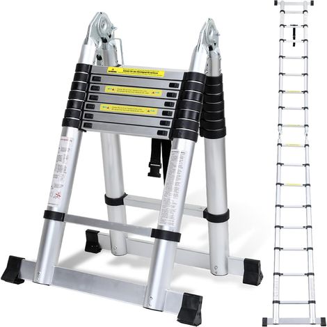 3.2M(1.6+1.6) Échelle Télescopique , Echelle Pliante 2 en 1, Escabeau Télescopique en Aluminium, Échelle Pliable avec Travail, Charge 150kg