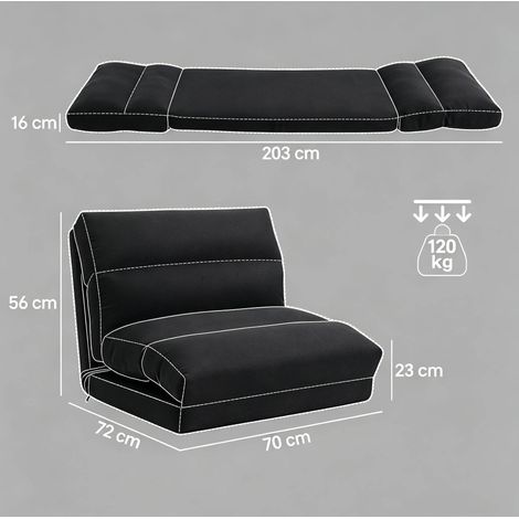 Poltrona da pavimento convertibile 70 x 72 x 56 cm, reclinabile 90°-180°, nera HAVRYA (1/2)