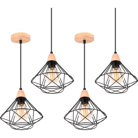 4x Industriell Pendelleuchte Metall Hölzern Lüster in Rautenform Ø22cm E27 Moderne Kronleuchter für Wohnzimmer Küche Restaurant Schwarz (1/5)