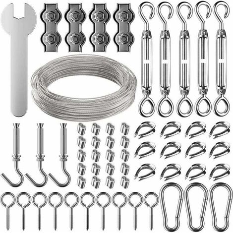 Corda in acciaio inox da 30 m x 2 mm con tenditore e ganci per appendere luci, piante rampicanti e stendibiancheria.