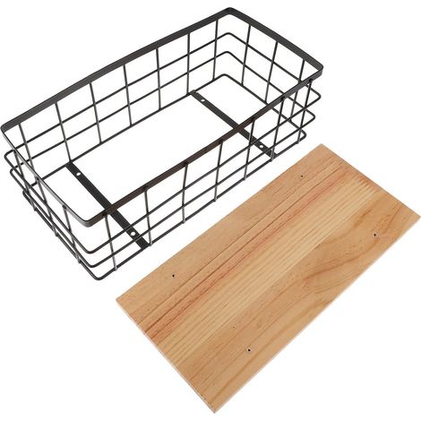 Grand panier de rangement mural en métal noir avec plateau bois, fixation sans perçage, pour salle (1/5)