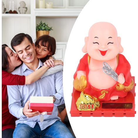 Statue de Bouddha décorative à énergie solaire - Figurine religieuse animée - Ornement de voiture ou intérieur - Matière plastique - Élégant rouge (1/5)