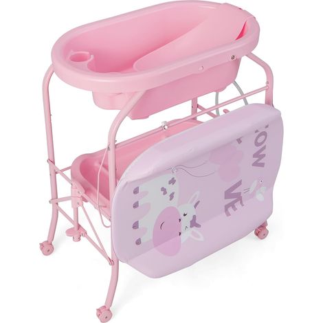 Goplus – Baignoire pliable bébé 4 en 1 – Table à langer sur pieds avec rangement – Capacité 35 kg – Dimensions 86 x 54 x 104,5 cm – Roues verrouillables