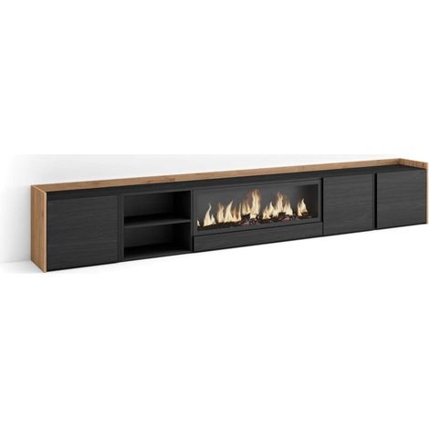 Mueble TV Trapiche-01 de 315x50x35 cm con chimenea eléctrica XXL, color negro y roble (1/4)