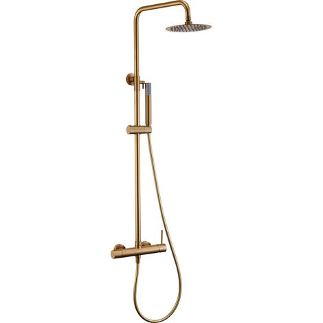 MICE - Columna de ducha con monomando integrado de acero inoxidable - rociador extraplano - Griferia baño dorado color Oro Cepillado (1/5)