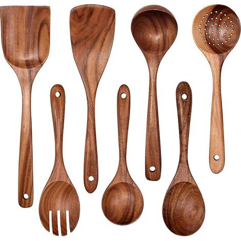 Ustensiles de Cuisine en Bois Teck - Set Premium 7 Pièces Facile à Nettoyer, Léger, Résistant à la Chaleur, Durable et Anti-Rayures - (1/5)