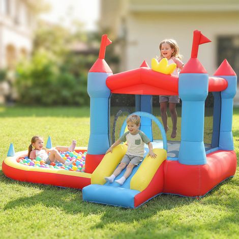 Château gonflable avec souffleur, toboggan, trampoline, pataugeoire/piscine à balles, pistolet à eau, 342 x 255 x 209 cm, bleu