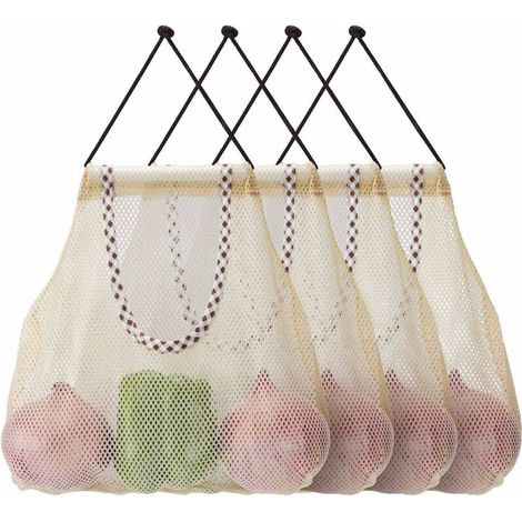 Sacs de rangement réutilisables à suspendre en maille filet Pour légumes, fruits, ail, pommes de terre, oignons, poivrons ou sacs poubelle 4 Pack Beige (1/5)