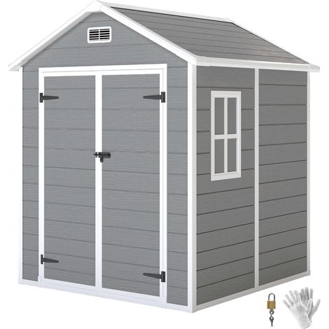 Rangement Extérieur Sécurisé Abri de Jardin Résine Aspect Bois 182x151x219cm avec Plancher et Fenêtre pour Jardin (1/5)
