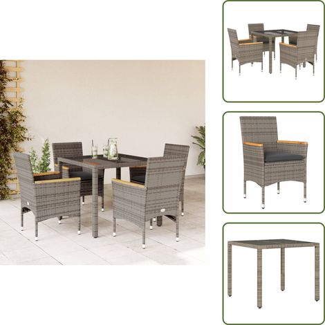Mesa de jardín - vidaXL Set comedor jardín 5 pzas y cojines ratán sintético vidrio gris - Cojines para sillas