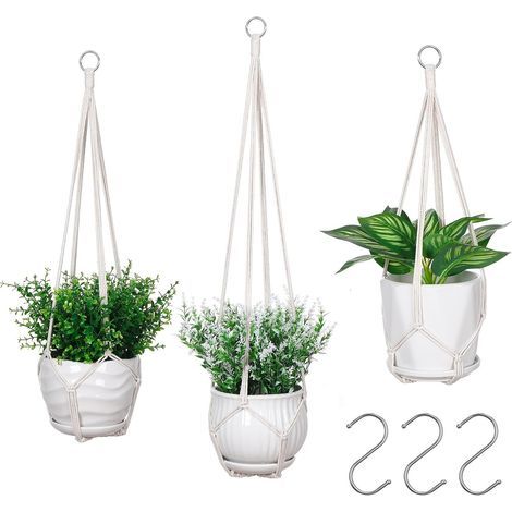 Set aus 3 handgewebten Hängekörben, Hängepflanzenhalterung mit 3 Haken, Wohnaccessoires im Bohème-Stil, elfenbeinfarben (Topf nicht enthalten). (1/5)
