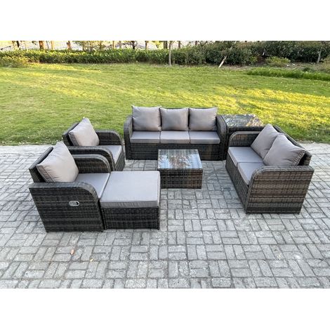 Fimous 8-Sitzer Gartenmöbelset Rattan Garten Sofa im Freien Sessel mit Gehärteter Glastisch 2 Großer Hockern Beistelltisch Dunkelgrau Gemischt (1/5)