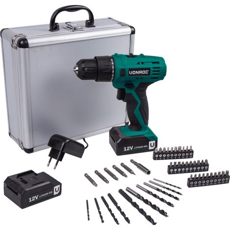 VONROC Taladro inalámbrico 12V – Ión-lition – incluye un estuche de aluminio resistente, 46 accesorios, 2 baterías y cargador