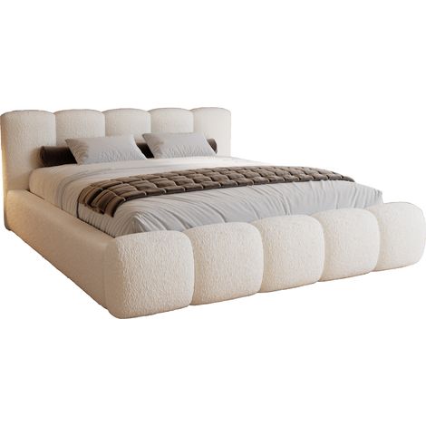 Lit rembourré 140x200 Ravello avec sommier métallique - lit bouclé avec rangement - Crème (Lambi 1)