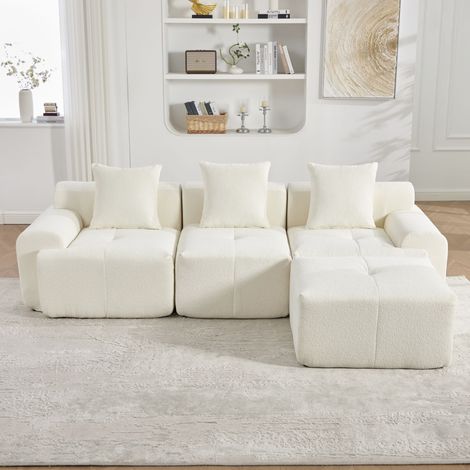Divano moderno a nuvola con pouf, divano angolare modulare a L senza struttura rigida, divano a 3 posti beige in memory foam a compressione, non richiede montaggio – Dimensioni: 268×102×78 cm