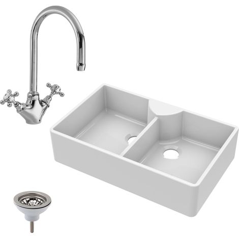 Fireclay Butler Kitchen Sink - 895mm Double Bowl with Stepped Weir, Mixer Tap & Wastes - Elegant Traditional Style (1/4)