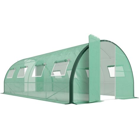 Serre de jardin tunnel 18 m² avec 8 fenêtres, 2 portes articulées, bâche PE et armature en acier galvanisé vert (1/5)
