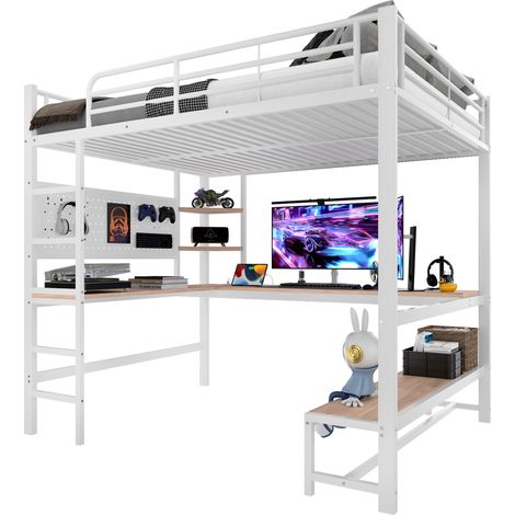 Lit mezzanine 140 x 200 cm en métal avec bureau, étagères, panneau perforé, LED et prise USB-C, garde-corps et échelle, blanc, pour chambre  CHICFURN (1/5)