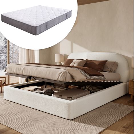Lit coffre 180x200 cm avec sommier à lattes, tête de lit rembourrée, en tissu, beige, matelas inclus (1/5)