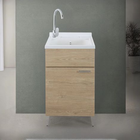 Mobile lavatoio 50x50 cm rovere con vasca in resina e asse lavapanni (1/5)
