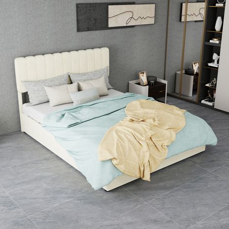 Lit rembourré beige 140x200 cm en tissu et métal, tête de lit confortable, style moderne (1/5)